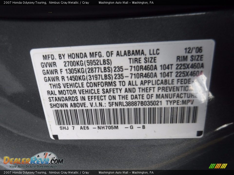 2007 Honda Odyssey Touring Nimbus Gray Metallic / Gray Photo #27