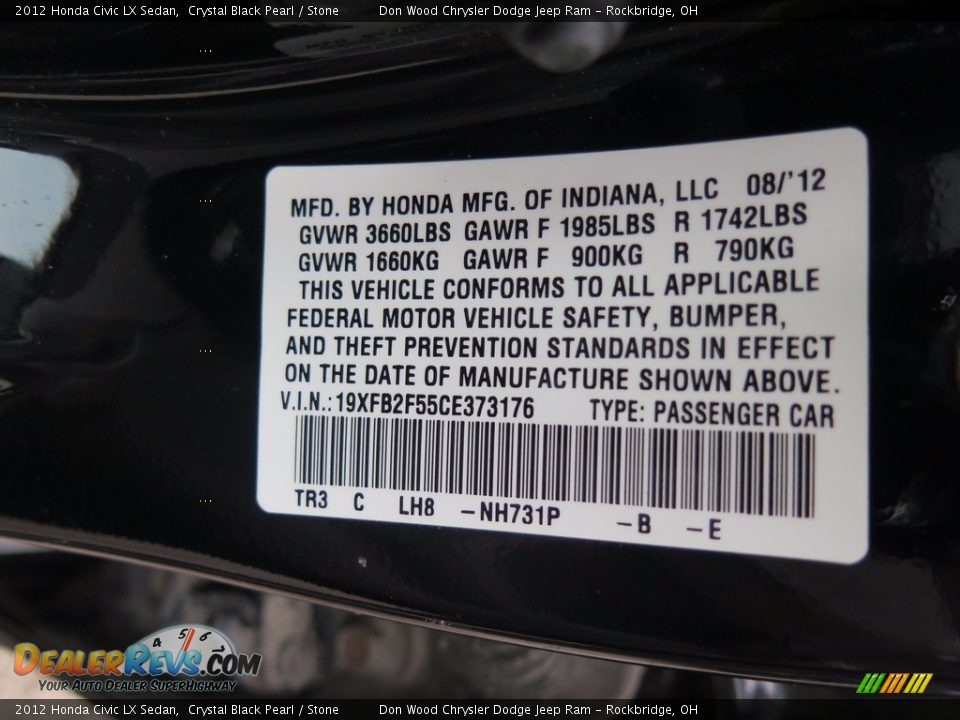 2012 Honda Civic LX Sedan Crystal Black Pearl / Stone Photo #34