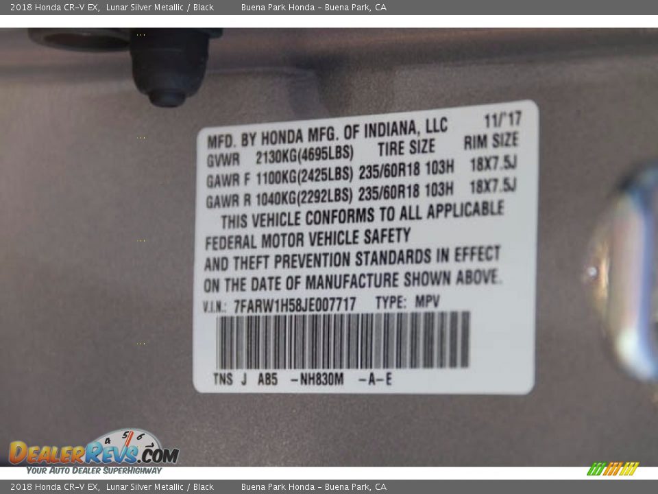 2018 Honda CR-V EX Lunar Silver Metallic / Black Photo #17