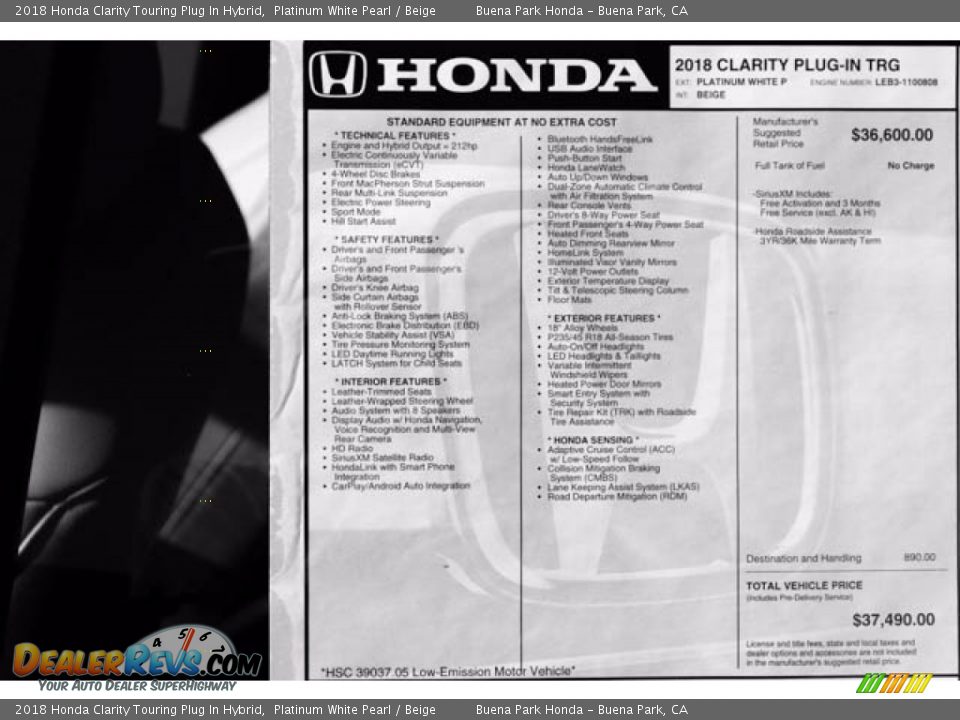 2018 Honda Clarity Touring Plug In Hybrid Window Sticker Photo #17