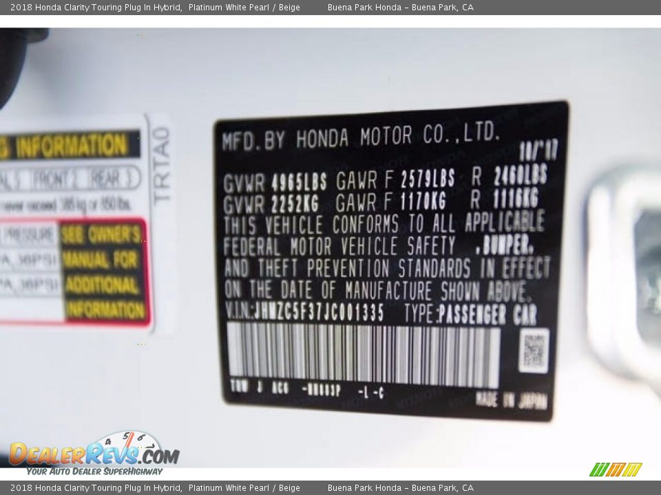 2018 Honda Clarity Touring Plug In Hybrid Platinum White Pearl / Beige Photo #19