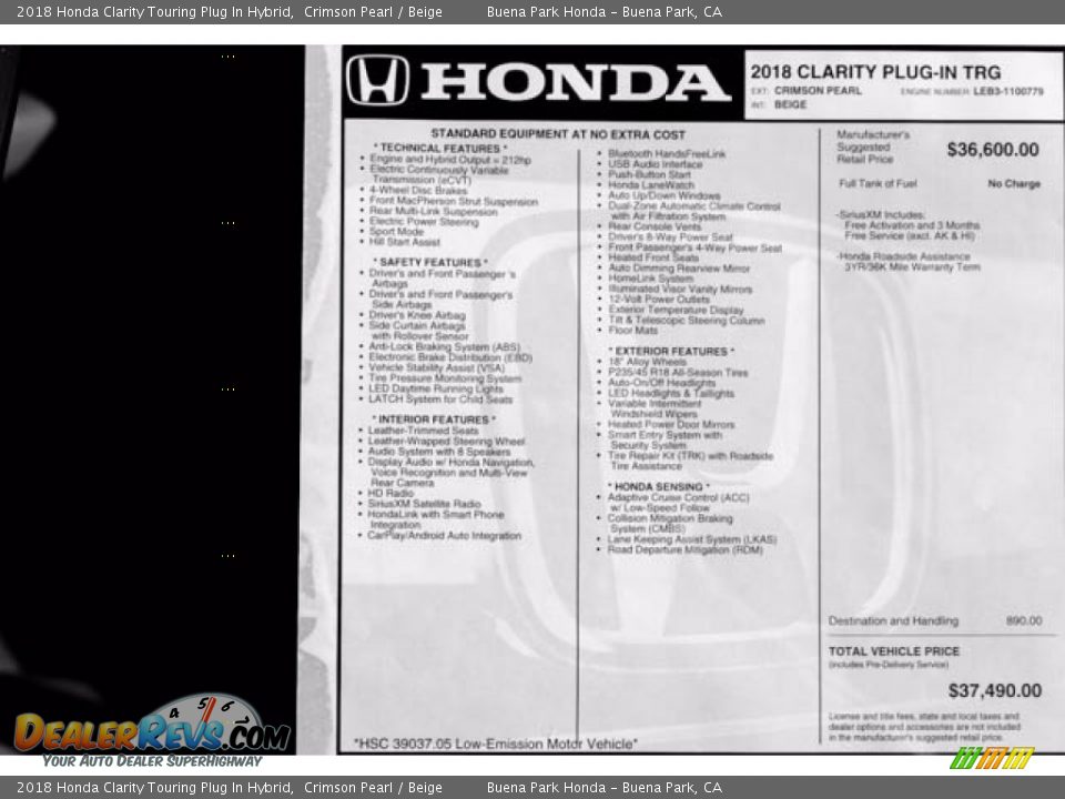 2018 Honda Clarity Touring Plug In Hybrid Crimson Pearl / Beige Photo #17