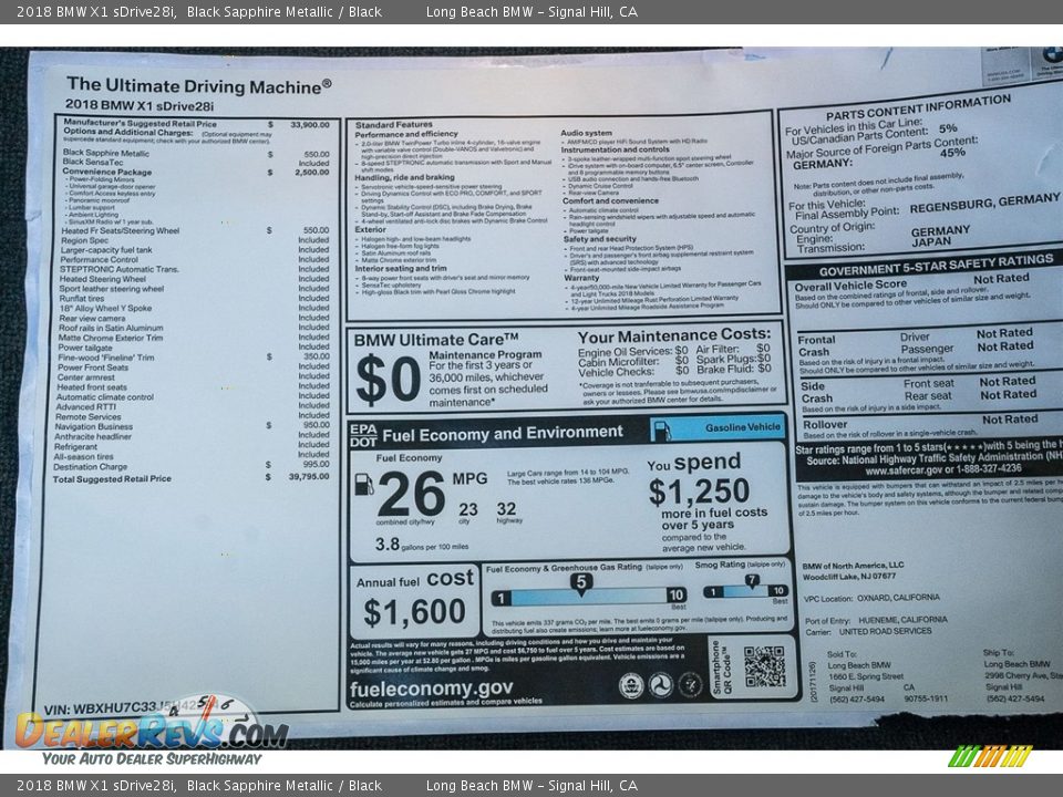 2018 BMW X1 sDrive28i Black Sapphire Metallic / Black Photo #10