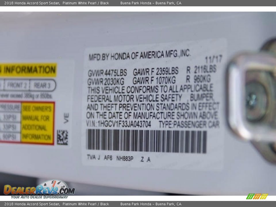 2018 Honda Accord Sport Sedan Platinum White Pearl / Black Photo #16