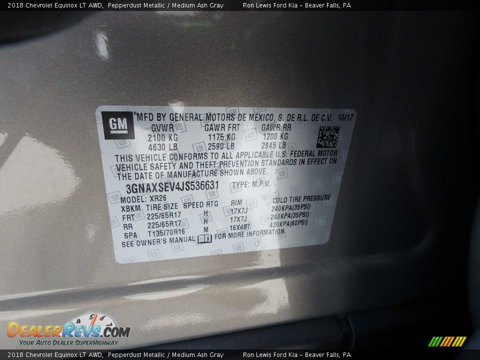 2018 Chevrolet Equinox LT AWD Pepperdust Metallic / Medium Ash Gray Photo #16