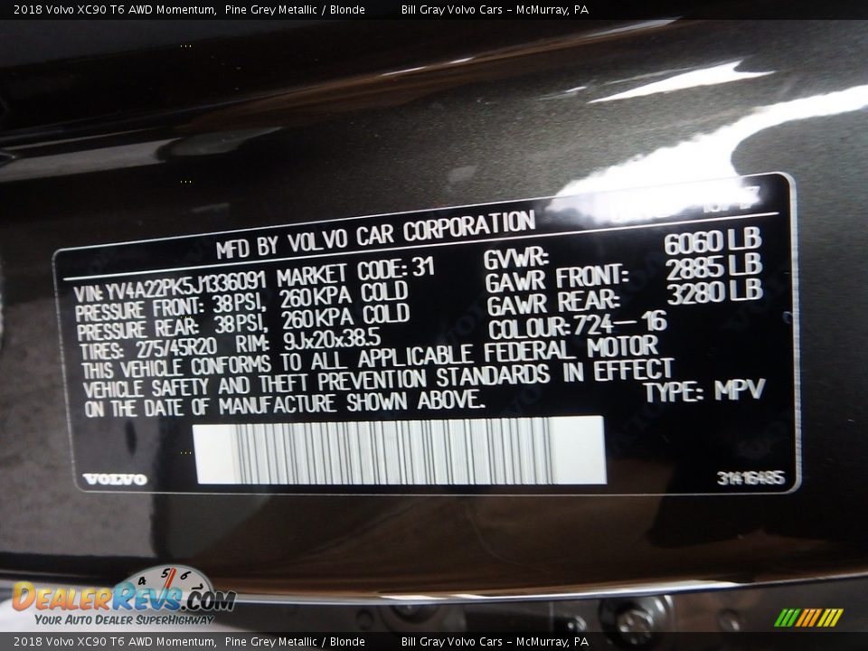 2018 Volvo XC90 T6 AWD Momentum Pine Grey Metallic / Blonde Photo #12