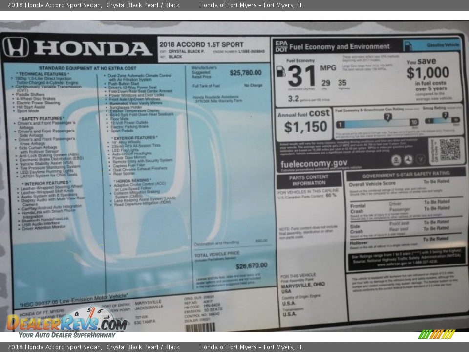 2018 Honda Accord Sport Sedan Crystal Black Pearl / Black Photo #24