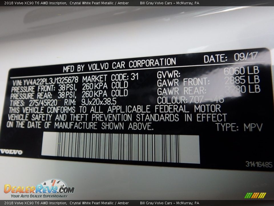 2018 Volvo XC90 T6 AWD Inscription Crystal White Pearl Metallic / Amber Photo #12