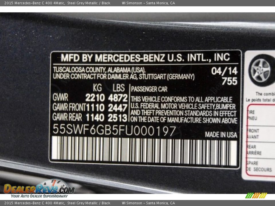 2015 Mercedes-Benz C 400 4Matic Steel Grey Metallic / Black Photo #19