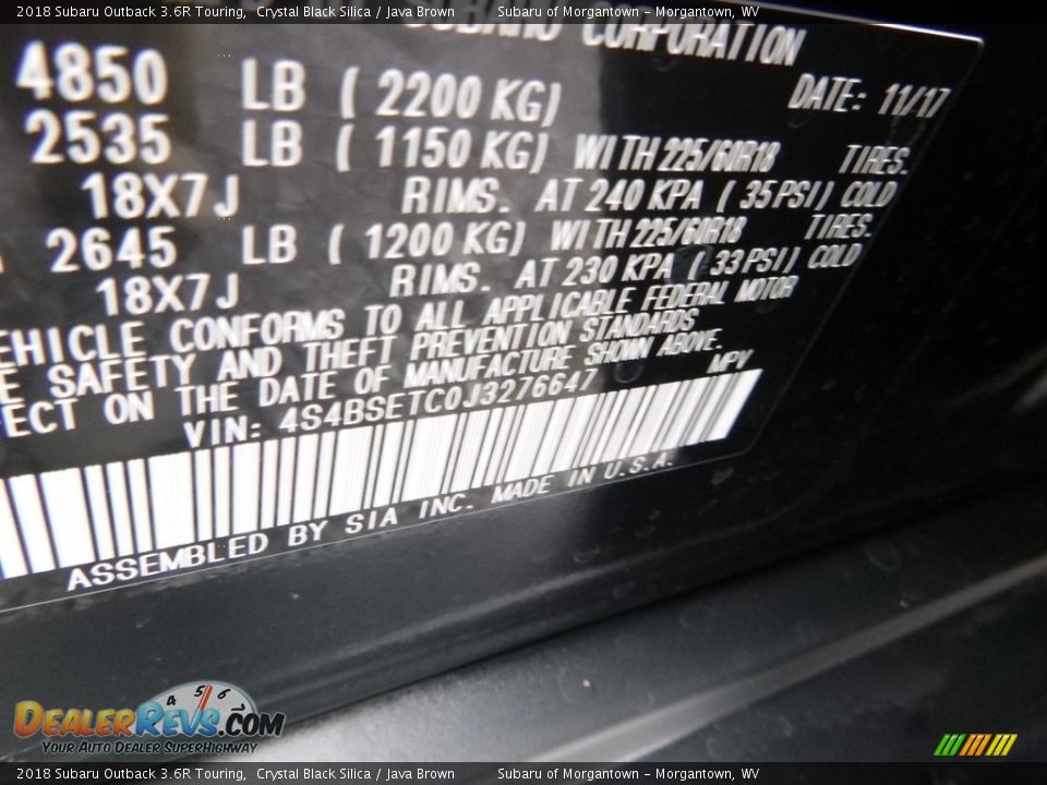 2018 Subaru Outback 3.6R Touring Crystal Black Silica / Java Brown Photo #16