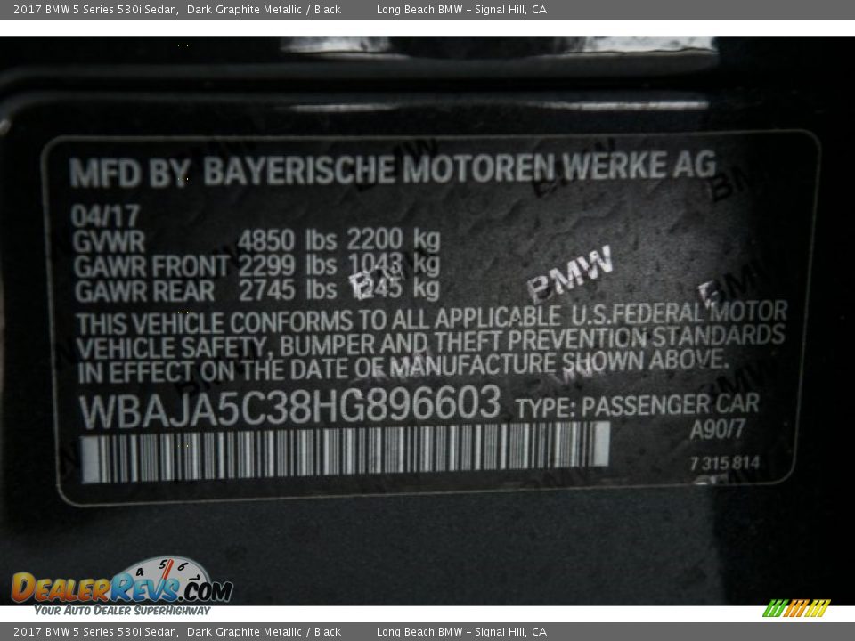 2017 BMW 5 Series 530i Sedan Dark Graphite Metallic / Black Photo #16