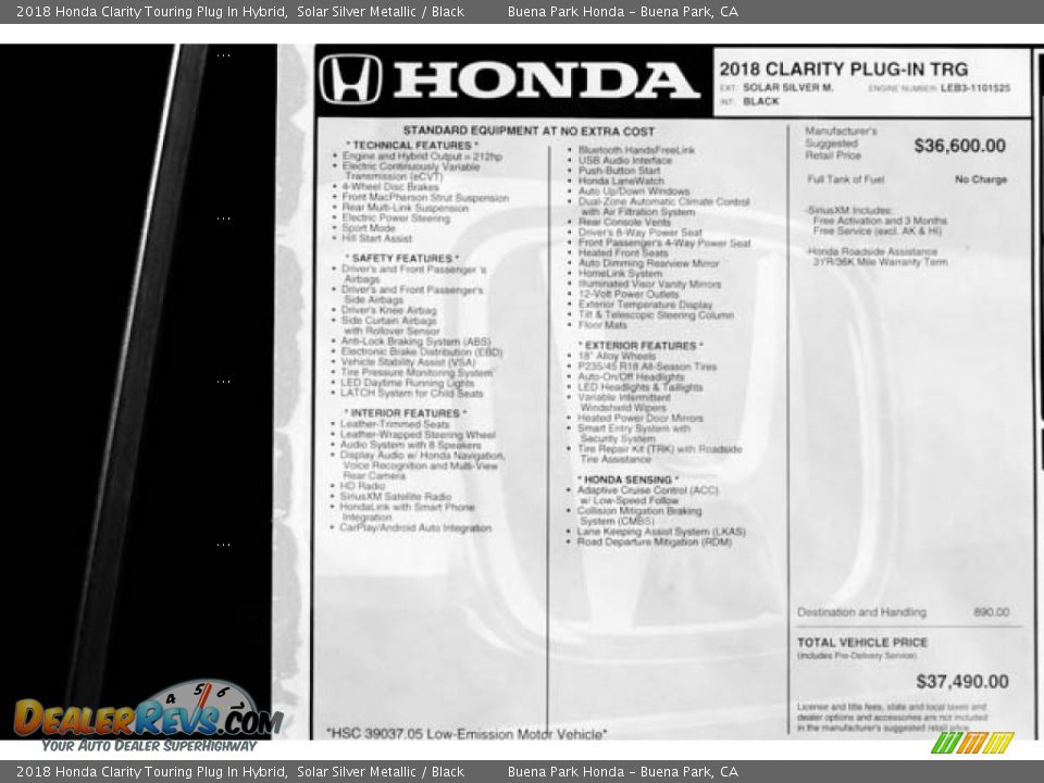 2018 Honda Clarity Touring Plug In Hybrid Window Sticker Photo #17