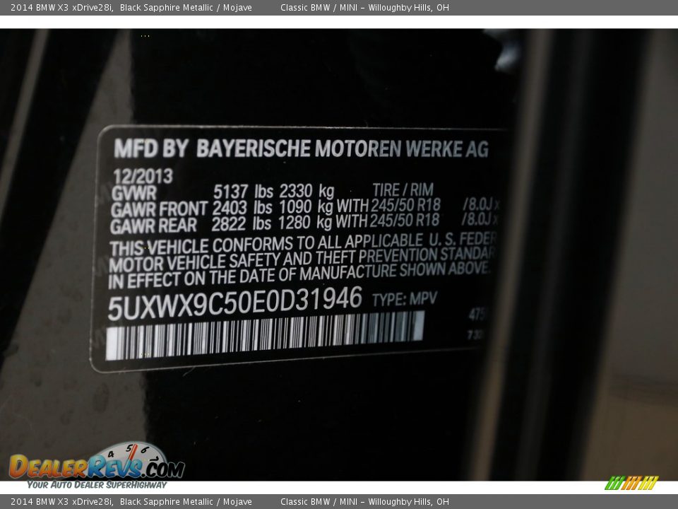 2014 BMW X3 xDrive28i Black Sapphire Metallic / Mojave Photo #19