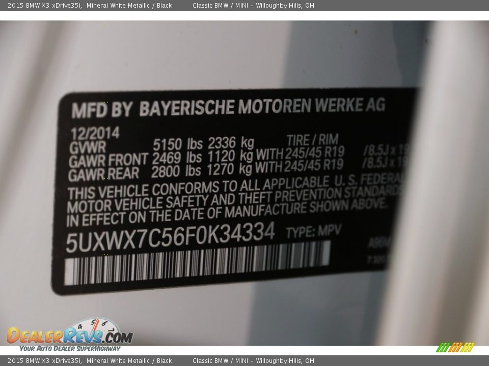 2015 BMW X3 xDrive35i Mineral White Metallic / Black Photo #20