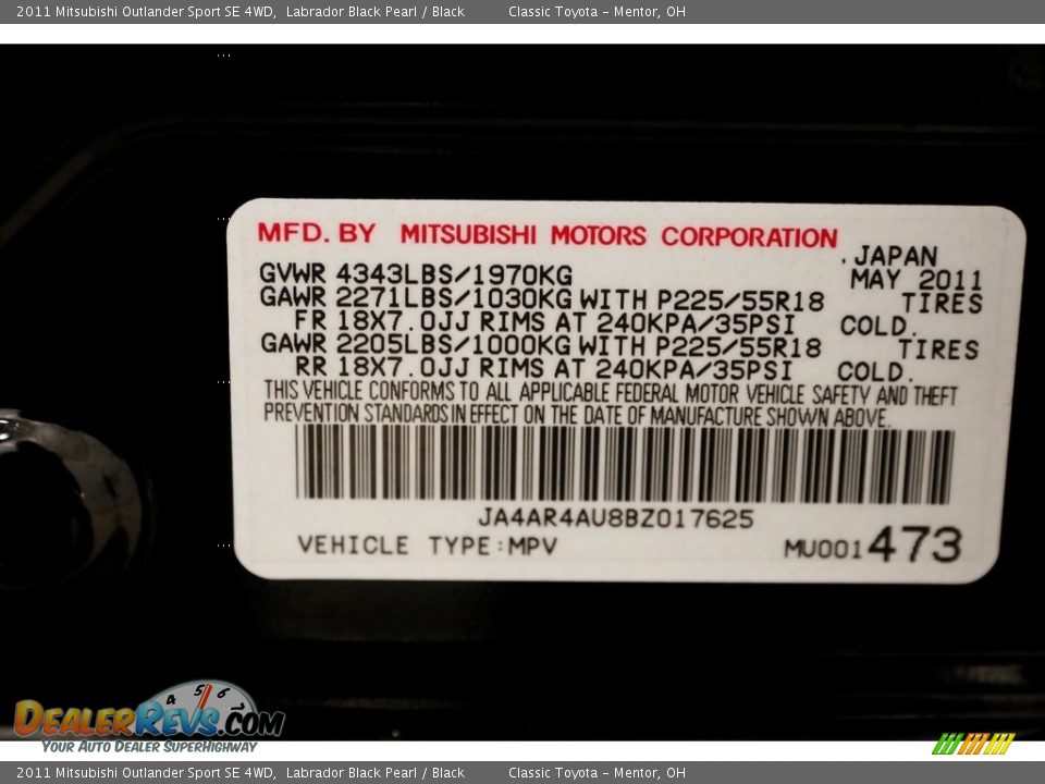 2011 Mitsubishi Outlander Sport SE 4WD Labrador Black Pearl / Black Photo #18