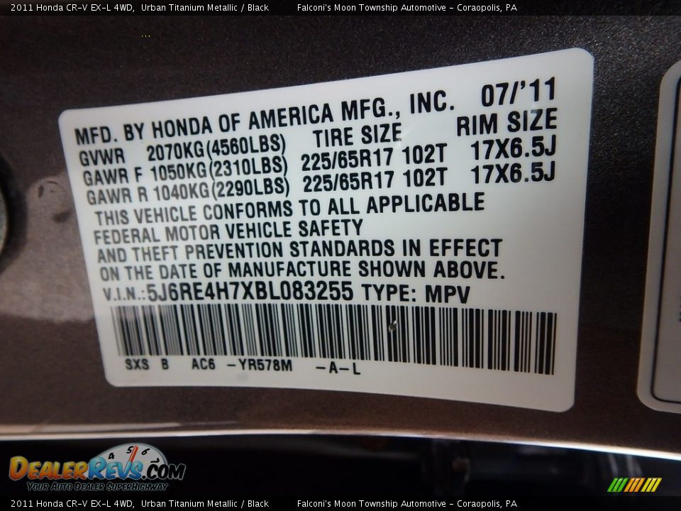 2011 Honda CR-V EX-L 4WD Urban Titanium Metallic / Black Photo #23