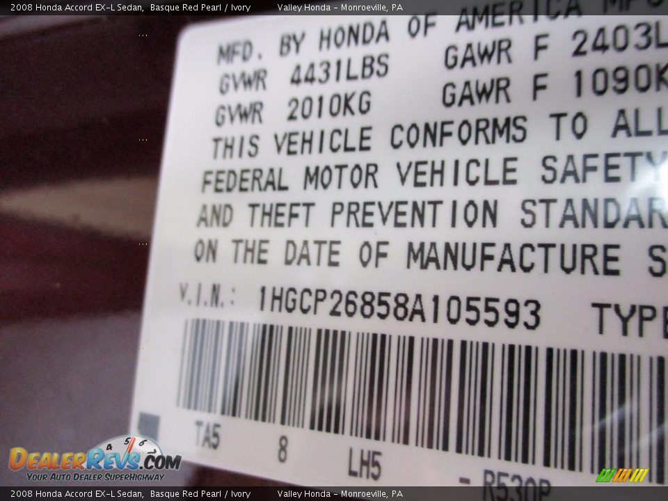 2008 Honda Accord EX-L Sedan Basque Red Pearl / Ivory Photo #19