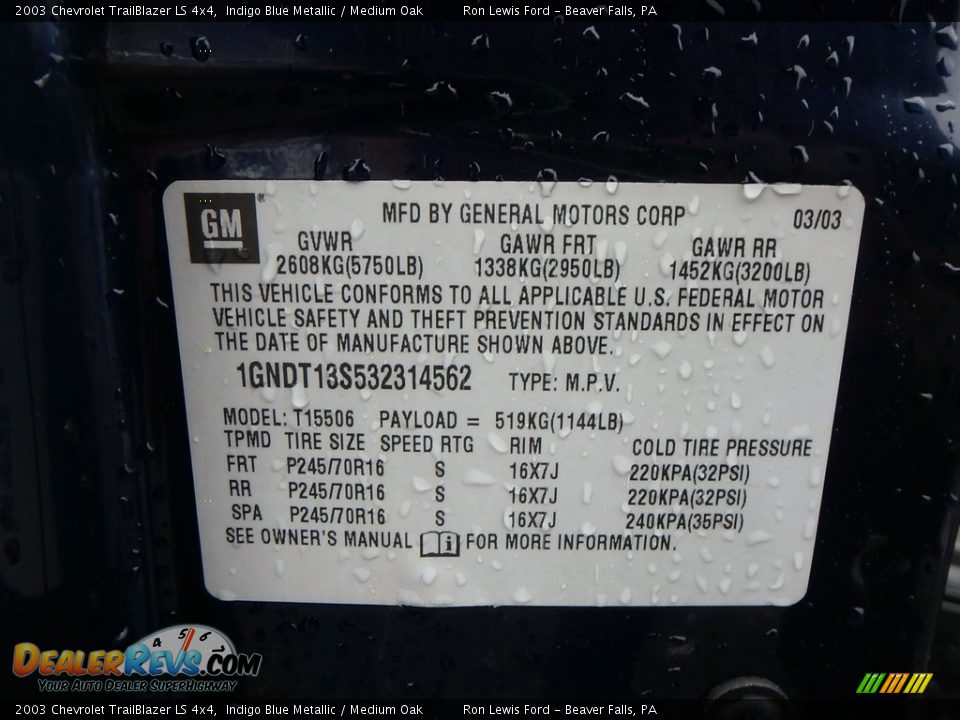 2003 Chevrolet TrailBlazer LS 4x4 Indigo Blue Metallic / Medium Oak Photo #14