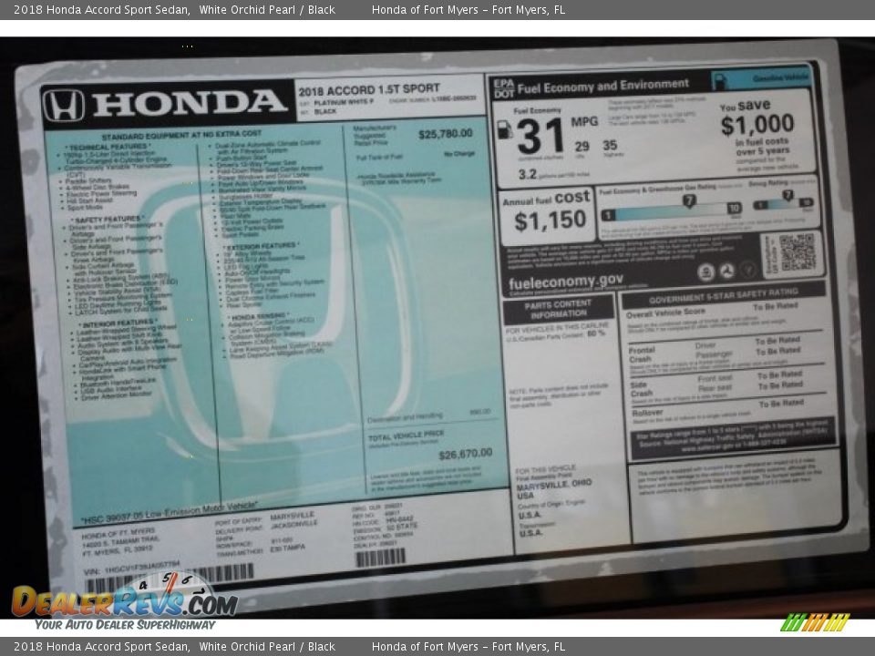 2018 Honda Accord Sport Sedan White Orchid Pearl / Black Photo #25