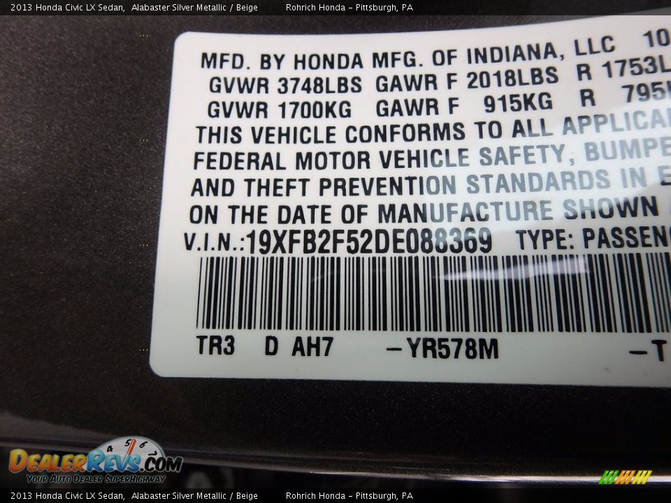 2013 Honda Civic LX Sedan Alabaster Silver Metallic / Beige Photo #27