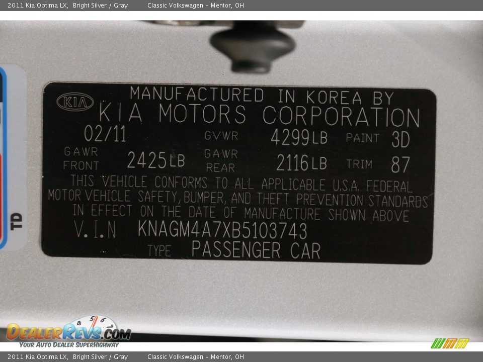 2011 Kia Optima LX Bright Silver / Gray Photo #20