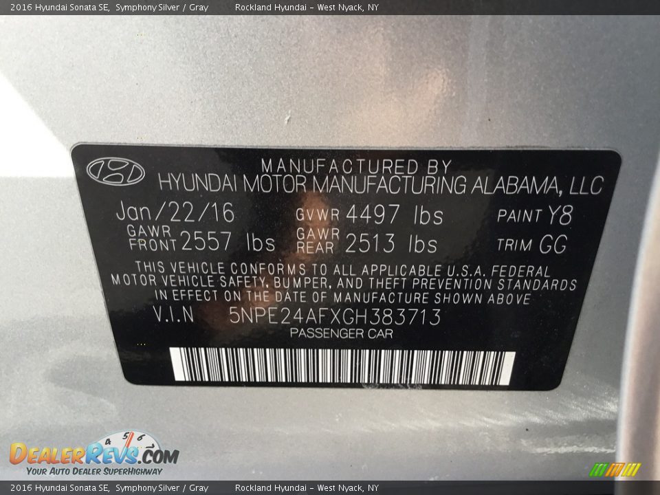 2016 Hyundai Sonata SE Symphony Silver / Gray Photo #30