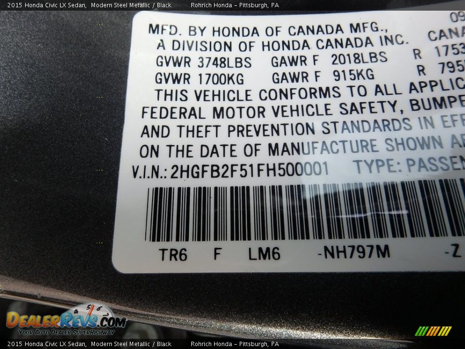 2015 Honda Civic LX Sedan Modern Steel Metallic / Black Photo #27