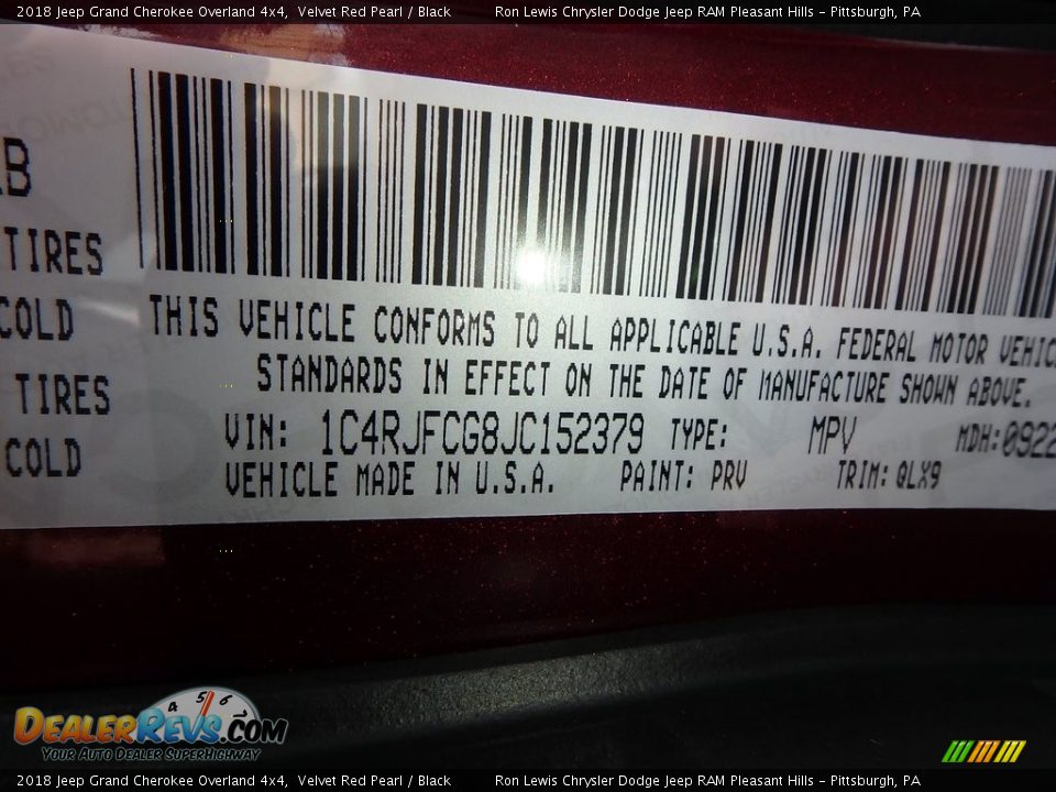 2018 Jeep Grand Cherokee Overland 4x4 Velvet Red Pearl / Black Photo #14