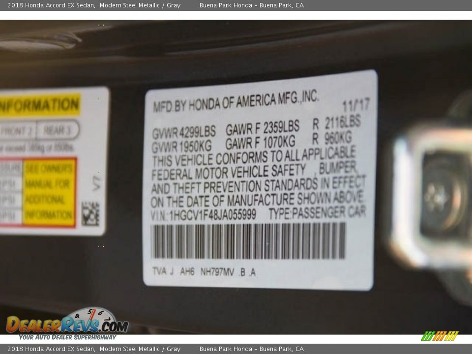 2018 Honda Accord EX Sedan Modern Steel Metallic / Gray Photo #18