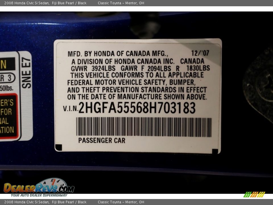 2008 Honda Civic Si Sedan Fiji Blue Pearl / Black Photo #18