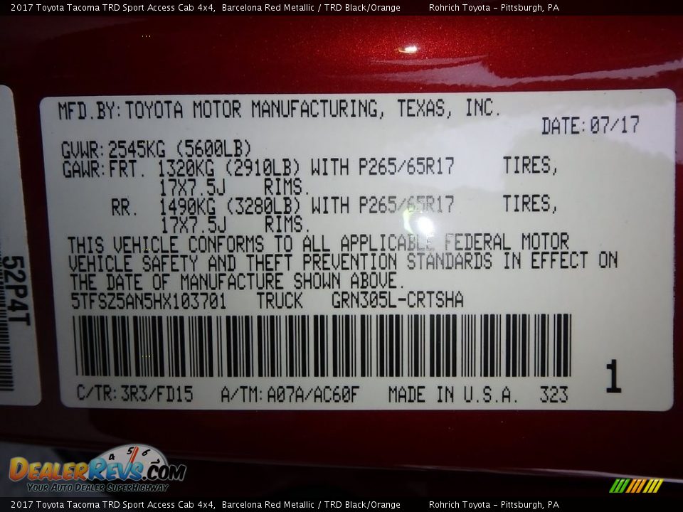 2017 Toyota Tacoma TRD Sport Access Cab 4x4 Barcelona Red Metallic / TRD Black/Orange Photo #10