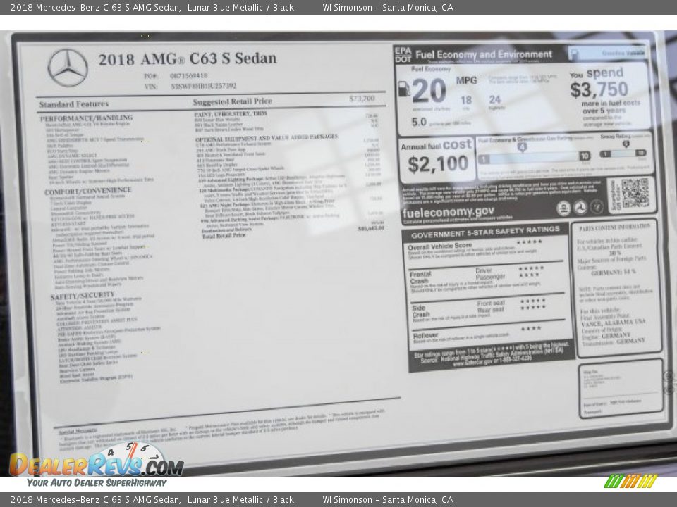 2018 Mercedes-Benz C 63 S AMG Sedan Window Sticker Photo #15