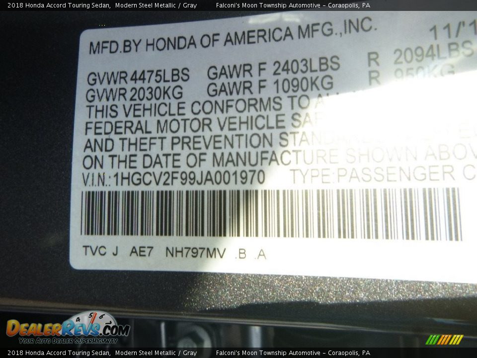 2018 Honda Accord Touring Sedan Modern Steel Metallic / Gray Photo #11