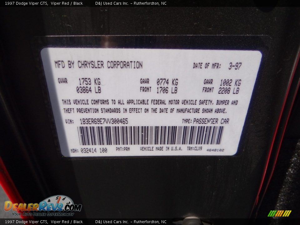 1997 Dodge Viper GTS Viper Red / Black Photo #30