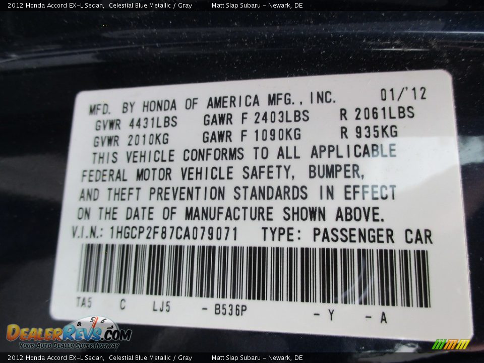 2012 Honda Accord EX-L Sedan Celestial Blue Metallic / Gray Photo #30