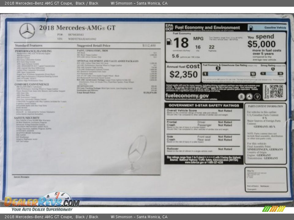 2018 Mercedes-Benz AMG GT Coupe Window Sticker Photo #20