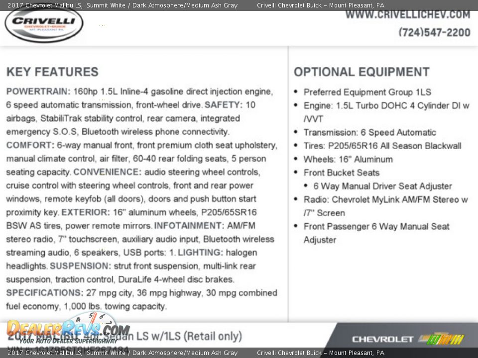 2017 Chevrolet Malibu LS Summit White / Dark Atmosphere/Medium Ash Gray Photo #10