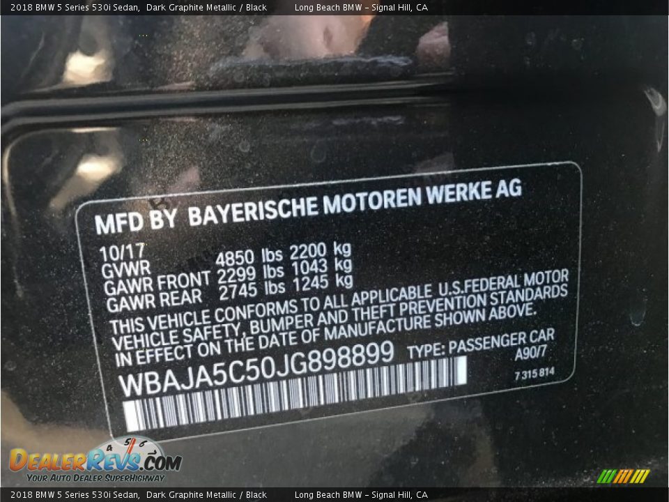 2018 BMW 5 Series 530i Sedan Dark Graphite Metallic / Black Photo #12
