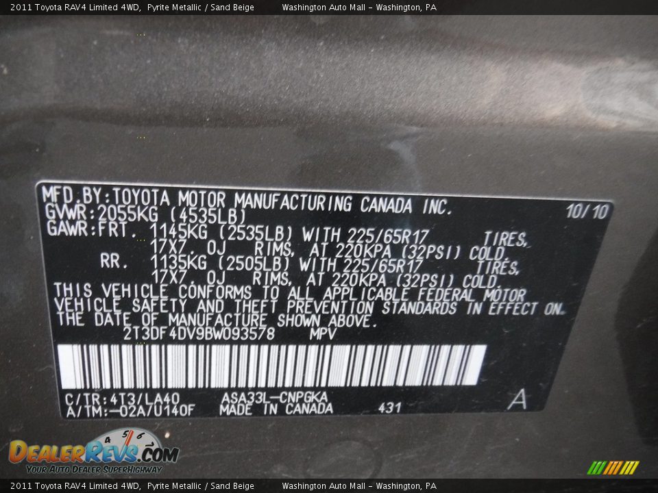 2011 Toyota RAV4 Limited 4WD Pyrite Metallic / Sand Beige Photo #32