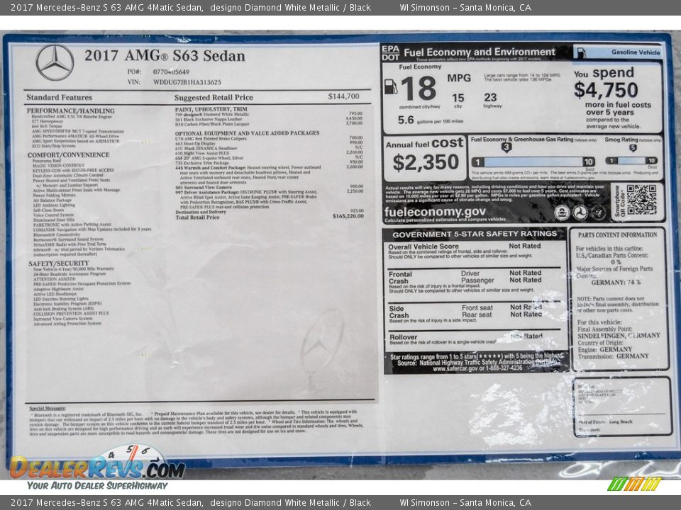 2017 Mercedes-Benz S 63 AMG 4Matic Sedan Window Sticker Photo #20