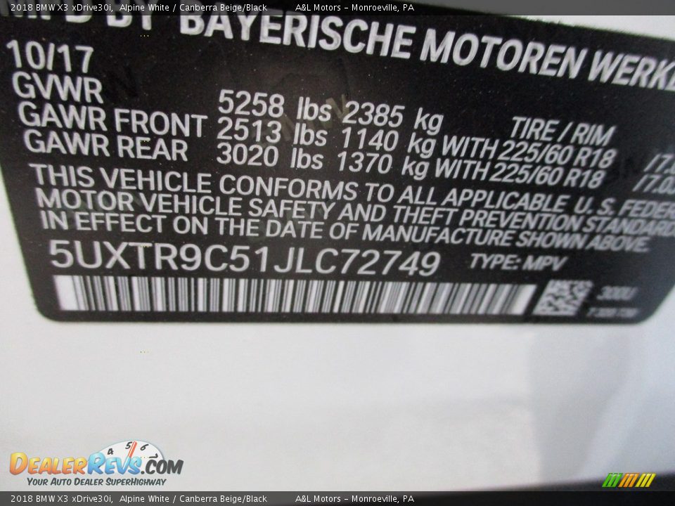 2018 BMW X3 xDrive30i Alpine White / Canberra Beige/Black Photo #20
