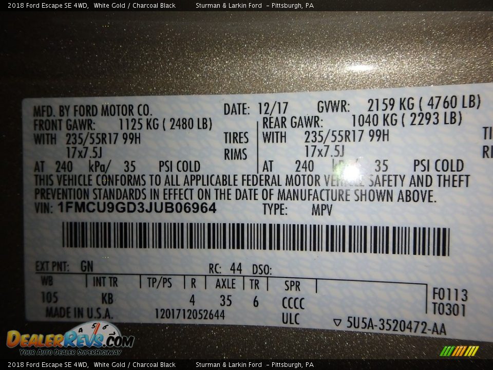 2018 Ford Escape SE 4WD White Gold / Charcoal Black Photo #10