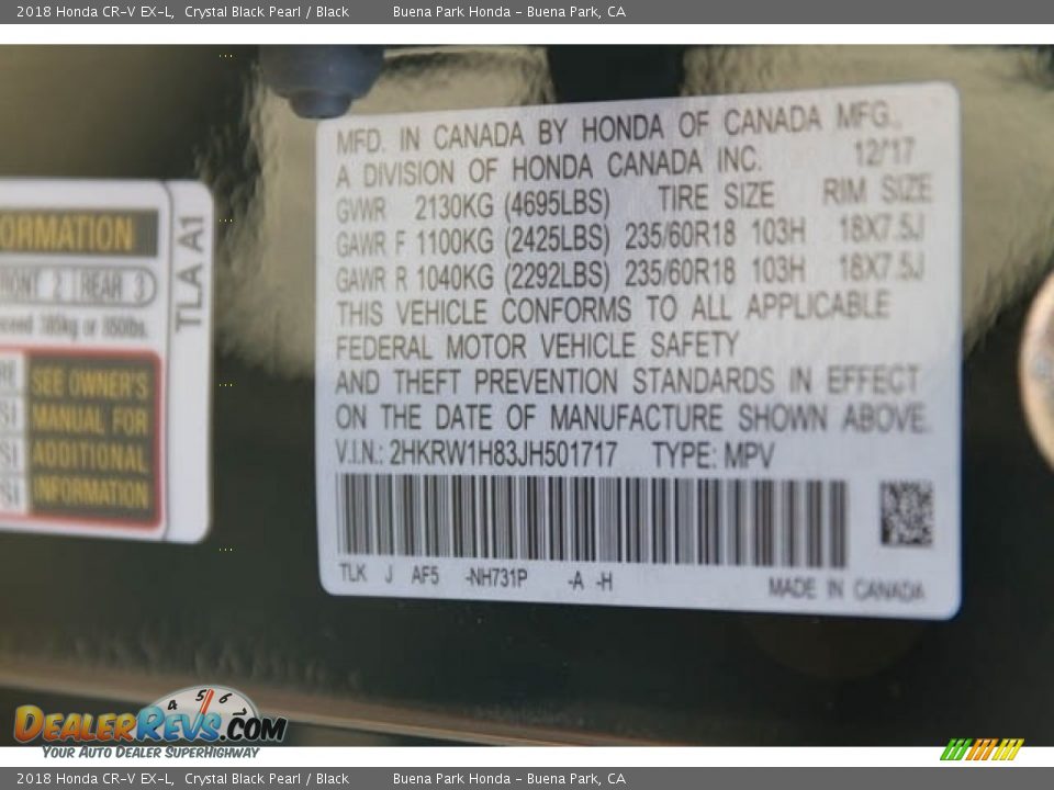 2018 Honda CR-V EX-L Crystal Black Pearl / Black Photo #17