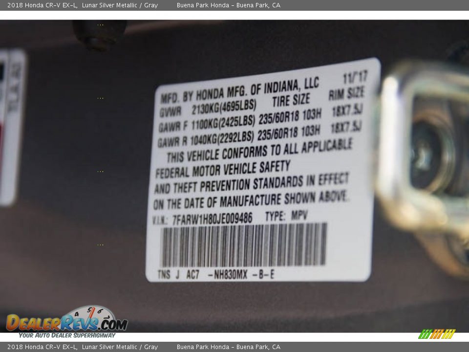 2018 Honda CR-V EX-L Lunar Silver Metallic / Gray Photo #17