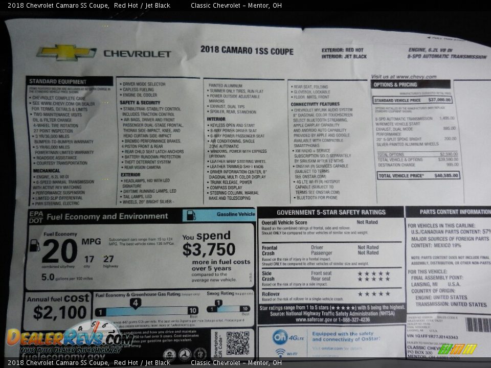 2018 Chevrolet Camaro SS Coupe Window Sticker Photo #4