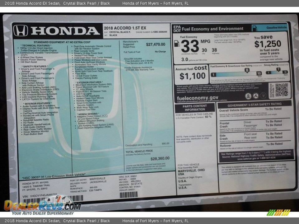 2018 Honda Accord EX Sedan Crystal Black Pearl / Black Photo #9