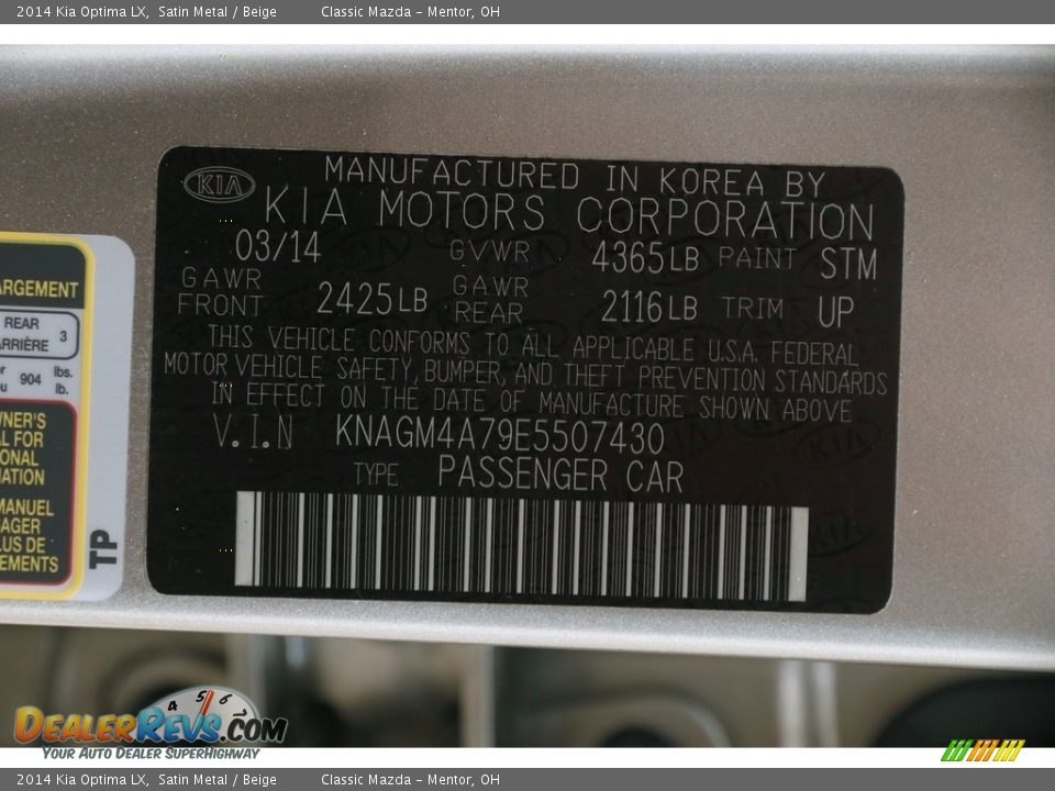 2014 Kia Optima LX Satin Metal / Beige Photo #16