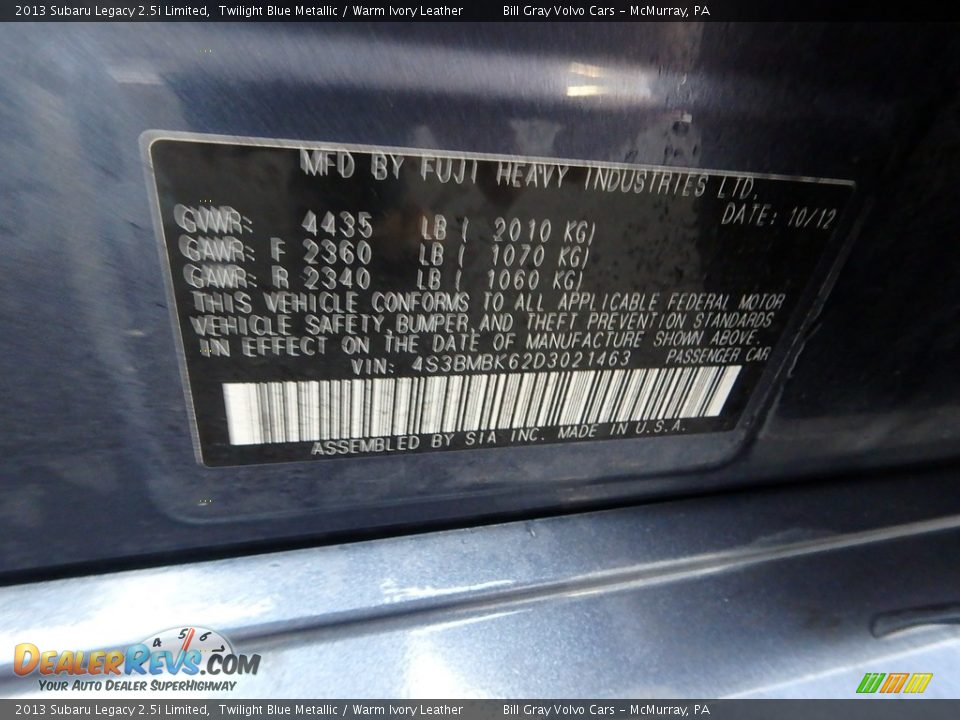 2013 Subaru Legacy 2.5i Limited Twilight Blue Metallic / Warm Ivory Leather Photo #24