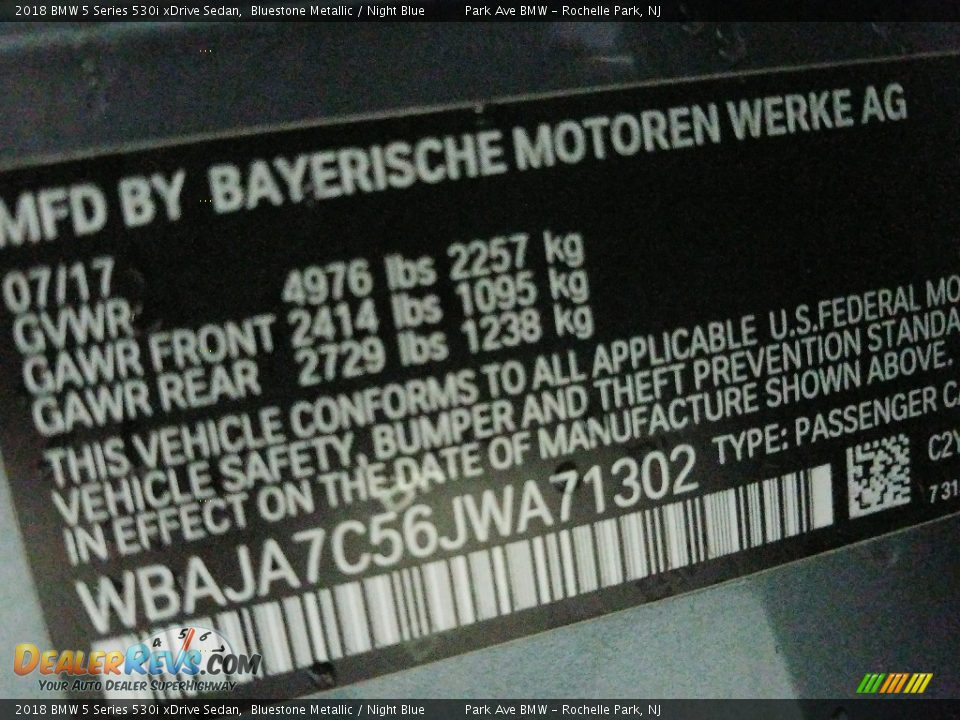 2018 BMW 5 Series 530i xDrive Sedan Bluestone Metallic / Night Blue Photo #23