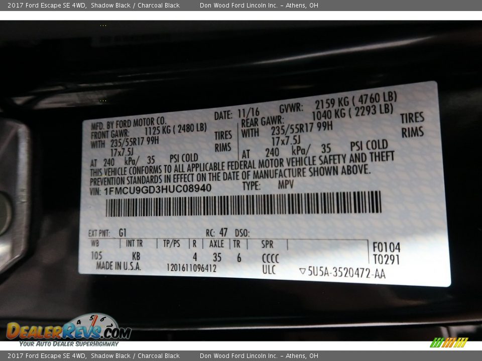 2017 Ford Escape SE 4WD Shadow Black / Charcoal Black Photo #36